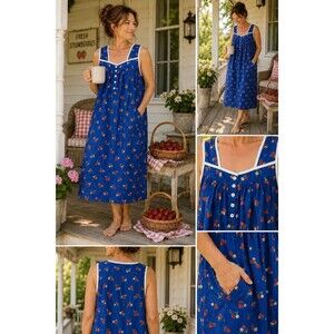 Ella Simone M Blue Strawberry Print Midi Sundress Pockets Square Neck Cotton